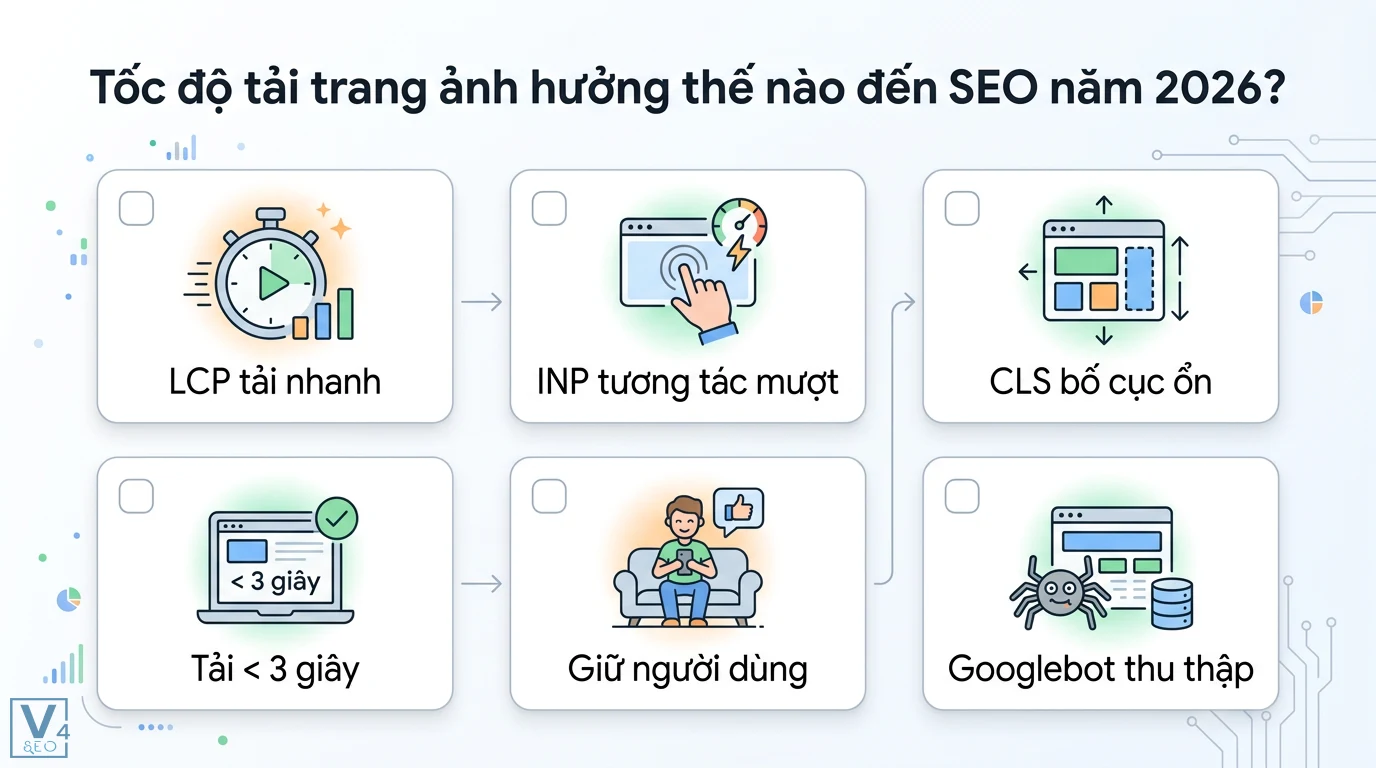 10 cách tăng cường tốc độ tải trang cho nội dung SEO chuẩn Core Web Vitals mới nhất 1 Tốc độ tải trang ảnh hưởng đến SEO 2026 qua LCP, INP, CLS giúp tải dưới 3 giây, giữ chân người dùng và hỗ trợ Googlebot thu thập dữ liệu