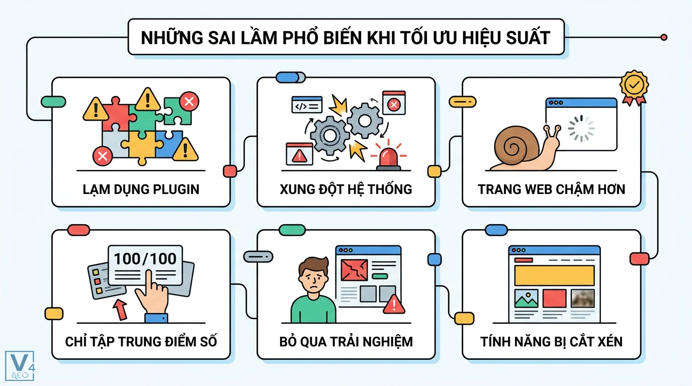 10 cách tăng cường tốc độ tải trang cho nội dung SEO chuẩn Core Web Vitals mới nhất 3 Sai lầm khi tối ưu hiệu suất như lạm dụng plugin gây xung đột, chỉ tập trung điểm số 100/100 mà bỏ qua trải nghiệm và cắt xén tính năng website