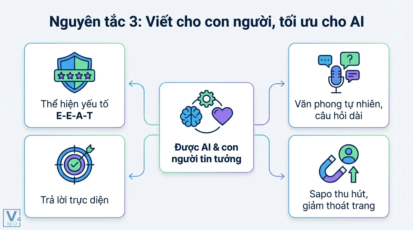 Viết Content SEO Cho Người Mới: 5 Nguyên Tắc Vàng Tối Ưu Cho AI 2 Nguyên tắc viết content SEO để được AI và con người tin tưởng, tập trung vào E-E-A-T, văn phong tự nhiên, câu hỏi dài, trả lời trực diện và Sapo hấp dẫn