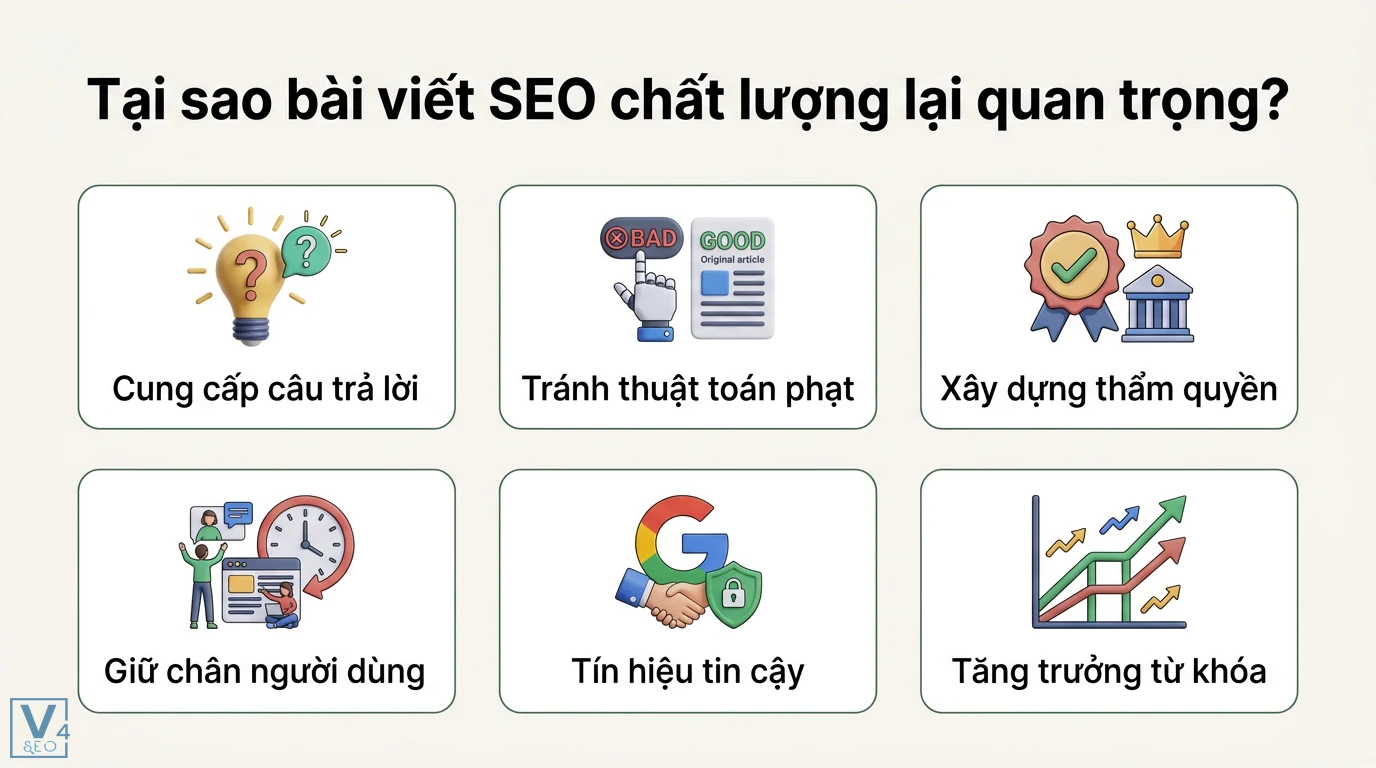 5 yếu tố cần có trong một bài viết SEO chất lượng cao chuẩn E-E-A-T 1 Bài viết SEO chất lượng giúp cung cấp câu trả lời, tránh thuật toán phạt, xây dựng thẩm quyền, giữ chân người dùng và tăng trưởng từ khóa