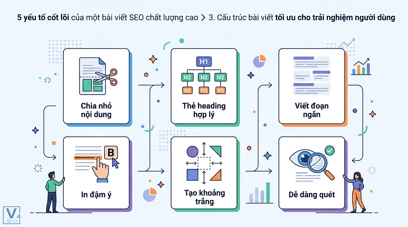 5 yếu tố cần có trong một bài viết SEO chất lượng cao chuẩn E-E-A-T 2 Cấu trúc bài viết tối ưu trải nghiệm người dùng qua thẻ heading hợp lý, chia nhỏ nội dung, viết đoạn ngắn, in đậm ý và tạo khoảng trắng dễ quét