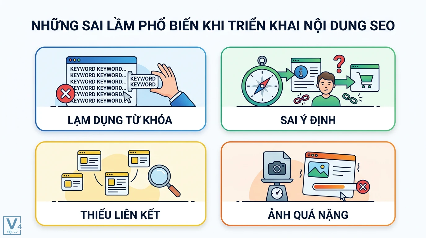 5 yếu tố cần có trong một bài viết SEO chất lượng cao chuẩn E-E-A-T 3 Sai lầm khi triển khai nội dung SEO gồm lạm dụng từ khóa, sai ý định tìm kiếm, thiếu liên kết nội bộ và ảnh quá nặng làm chậm tốc độ tải trang