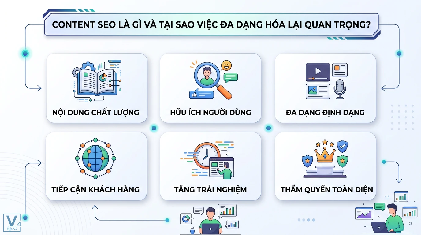 7 loại bài viết Content SEO phổ biến bạn cần biết: Ứng dụng hiệu quả 1 Content SEO đa dạng định dạng giúp tối ưu nội dung chất lượng, tăng trải nghiệm người dùng và xây dựng thẩm quyền toàn diện cho website