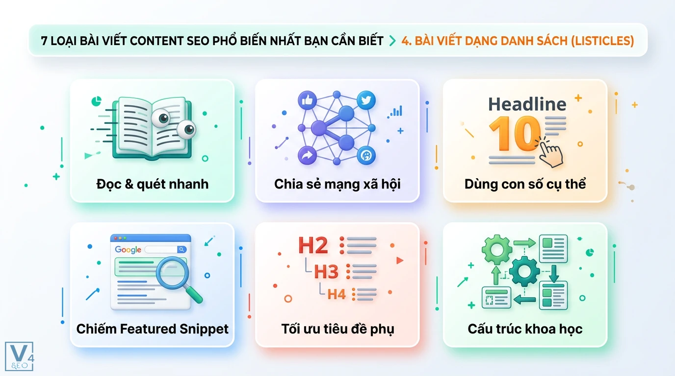 7 loại bài viết Content SEO phổ biến bạn cần biết: Ứng dụng hiệu quả 2 Bài viết dạng danh sách Listicles giúp đọc quét nhanh, chia sẻ mạng xã hội, dùng con số cụ thể và tối ưu tiêu đề phụ chiếm Featured Snippet
