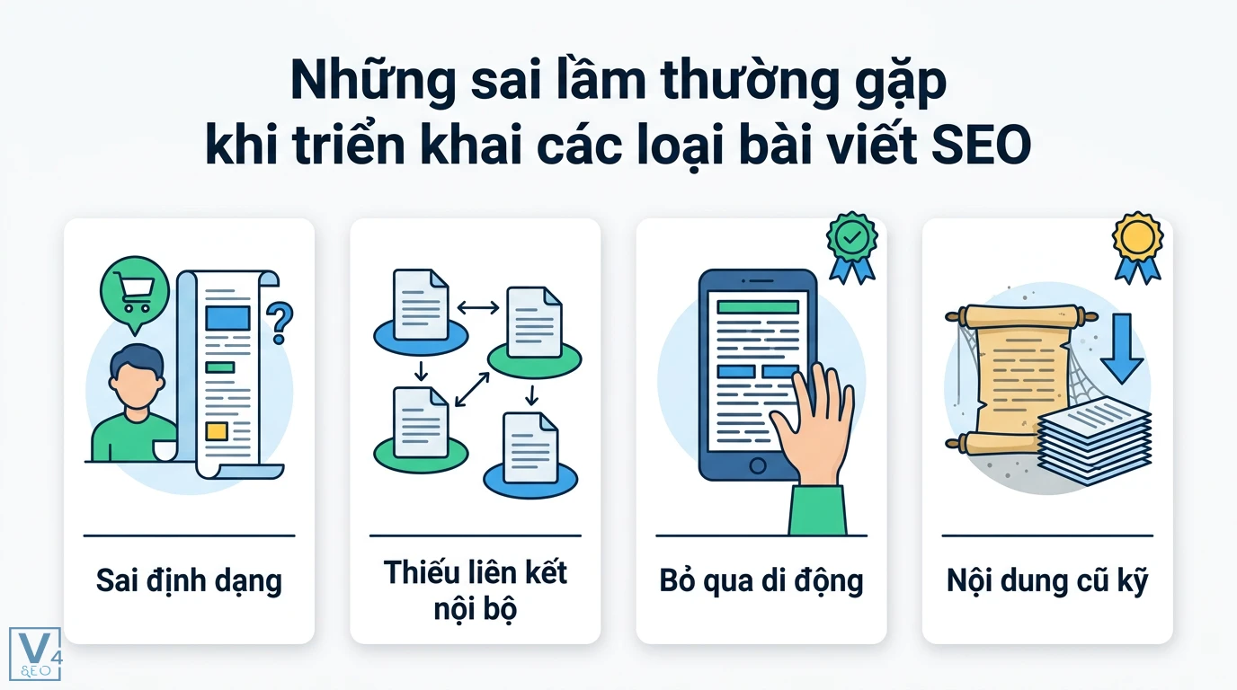 7 loại bài viết Content SEO phổ biến bạn cần biết: Ứng dụng hiệu quả 3 Sai lầm triển khai bài viết SEO gồm chọn sai định dạng, thiếu liên kết nội bộ, bỏ qua di động và không cập nhật nội dung cũ kỹ