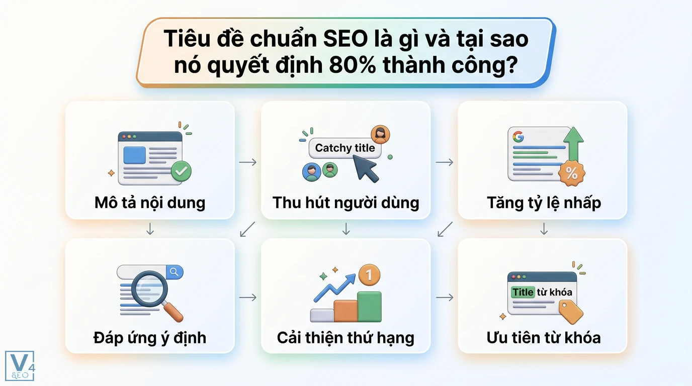 7 mẹo viết tiêu đề bài viết chuẩn SEO thu hút người đọc cho AI Search 1 Tiêu đề chuẩn SEO giúp mô tả nội dung, thu hút người dùng, tăng CTR, đáp ứng ý định tìm kiếm, cải thiện thứ hạng và ưu tiên từ khóa