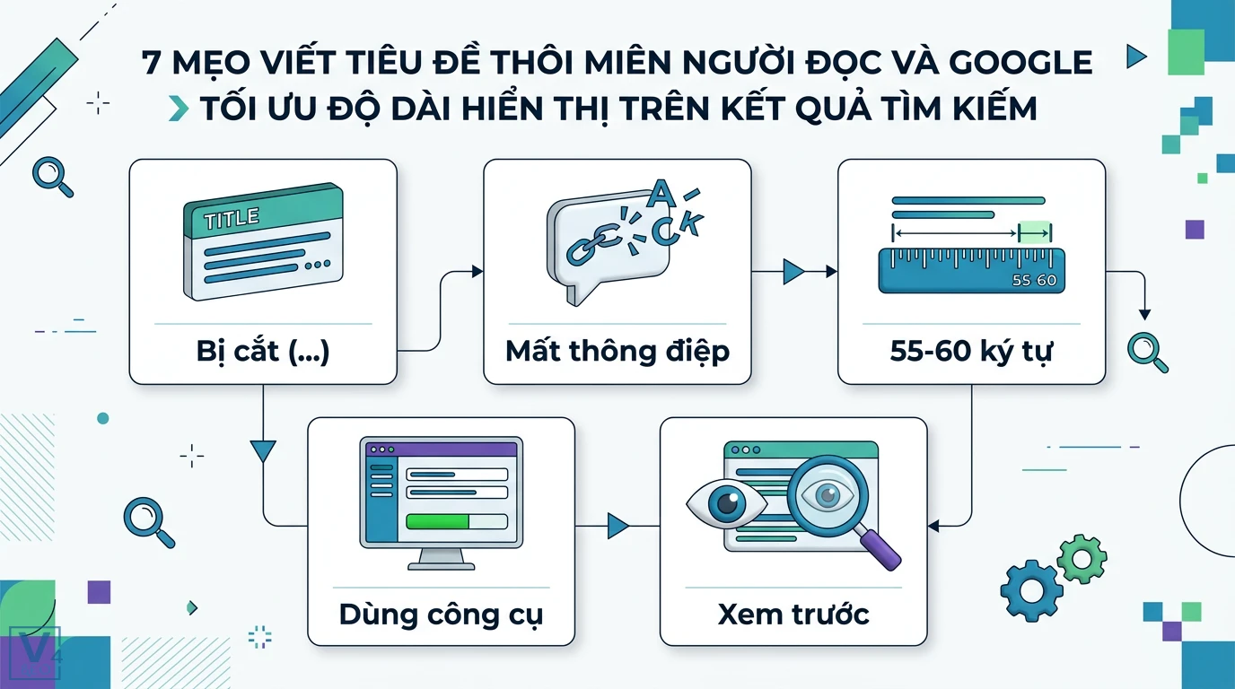 7 mẹo viết tiêu đề bài viết chuẩn SEO thu hút người đọc cho AI Search 2 Tối ưu độ dài tiêu đề SEO từ 55 đến 60 ký tự giúp tránh bị Google cắt bớt thông điệp và quy trình sử dụng công cụ xem trước kết quả tìm kiếm