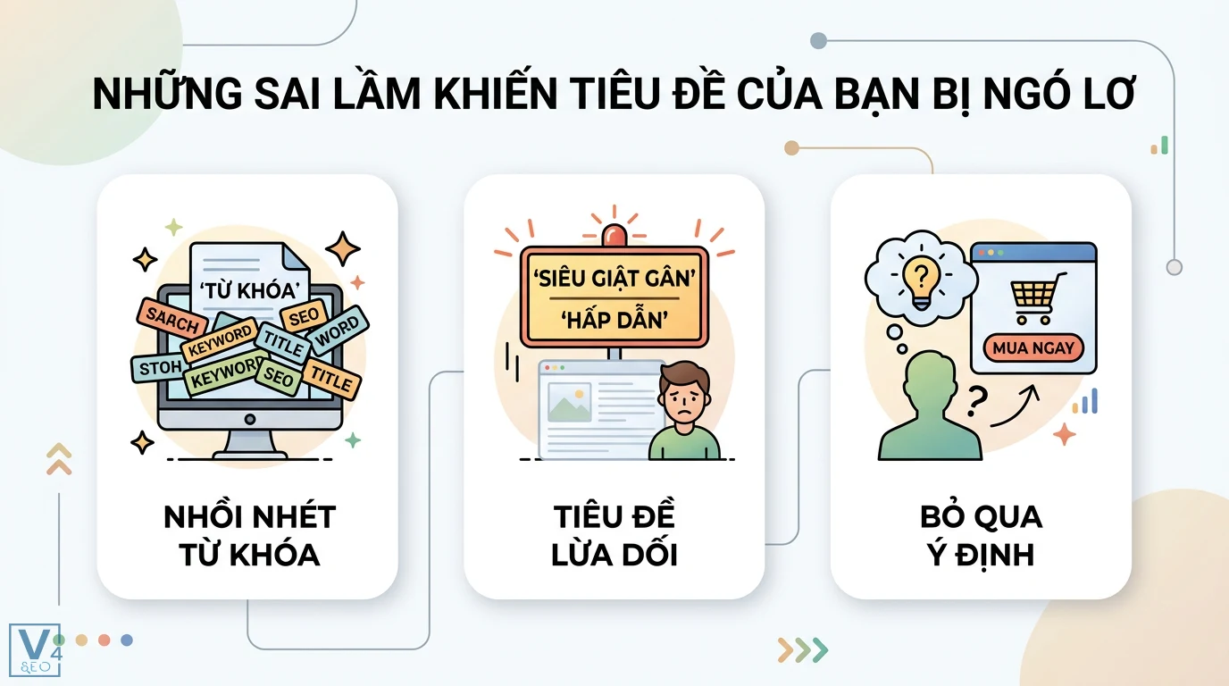 7 mẹo viết tiêu đề bài viết chuẩn SEO thu hút người đọc cho AI Search 3 Sai lầm khiến tiêu đề bị ngó lơ do nhồi nhét từ khóa, tiêu đề lừa dối giật gân và bỏ qua ý định tìm kiếm thực tế của người dùng