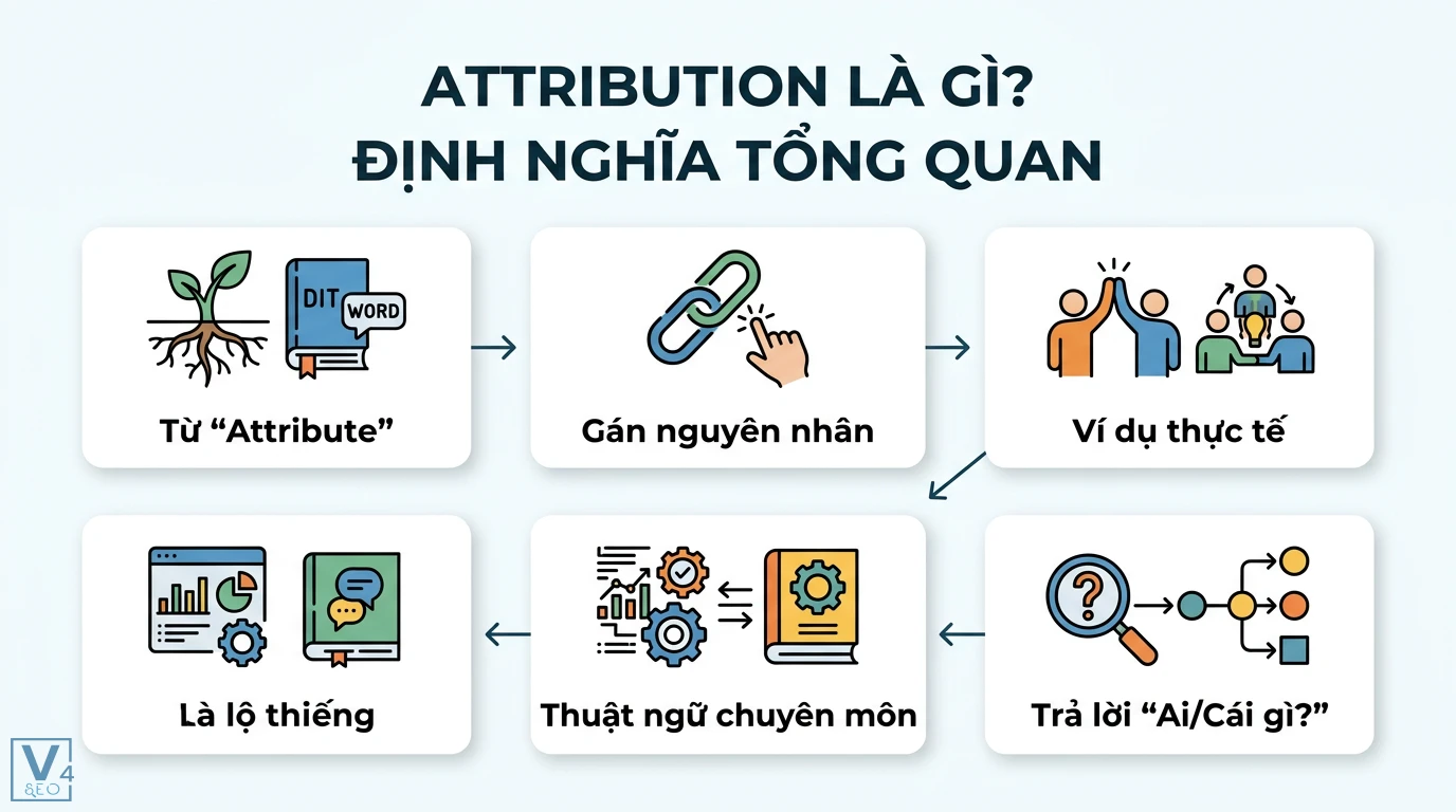 Attribution là gì? Ý nghĩa trong Marketing, Tâm lý và Ngôn ngữ 1 Attribution bắt nguồn từ gốc từ attribute giúp gán nguyên nhân, phân tích thuật ngữ chuyên môn và xác định ai hay cái gì đã tạo ra kết quả