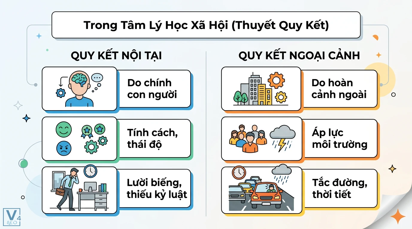 Attribution là gì? Ý nghĩa trong Marketing, Tâm lý và Ngôn ngữ 2 Thuyết quy kết tâm lý học xã hội phân biệt quy kết nội tại do tính cách với quy kết ngoại cảnh do áp lực môi trường, thời tiết và tắc đường