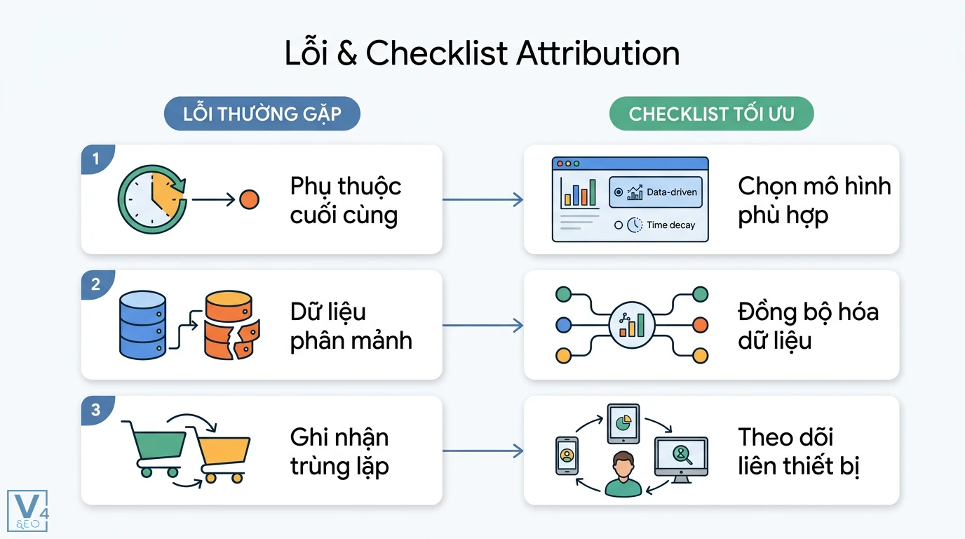 Attribution là gì? Ý nghĩa trong Marketing, Tâm lý và Ngôn ngữ 3 Lỗi attribution thường gặp và checklist tối ưu gồm đồng bộ hóa dữ liệu, chọn mô hình phù hợp và theo dõi hành trình liên thiết bị