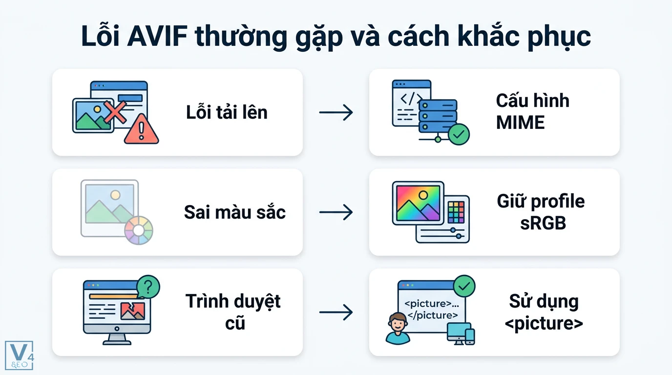 AVIF là gì? Cách mở và so sánh ảnh AVIF với JPEG, WebP mới nhất 3 Lỗi AVIF thường gặp và cách khắc phục như cấu hình MIME khi tải lên, giữ profile sRGB tránh sai màu và dùng thẻ picture cho trình duyệt cũ