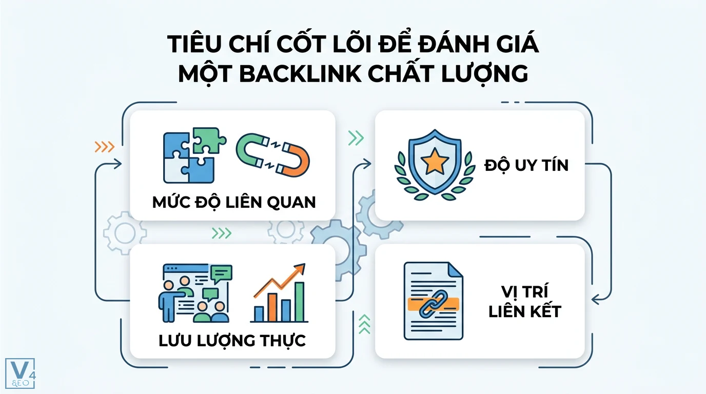 Backlink là gì? Cách xây dựng liên kết tự nhiên chuẩn SEO 2026 2 Tiêu chí cốt lõi đánh giá backlink chất lượng gồm mức độ liên quan, độ uy tín, lưu lượng truy cập thực và vị trí đặt liên kết SEO