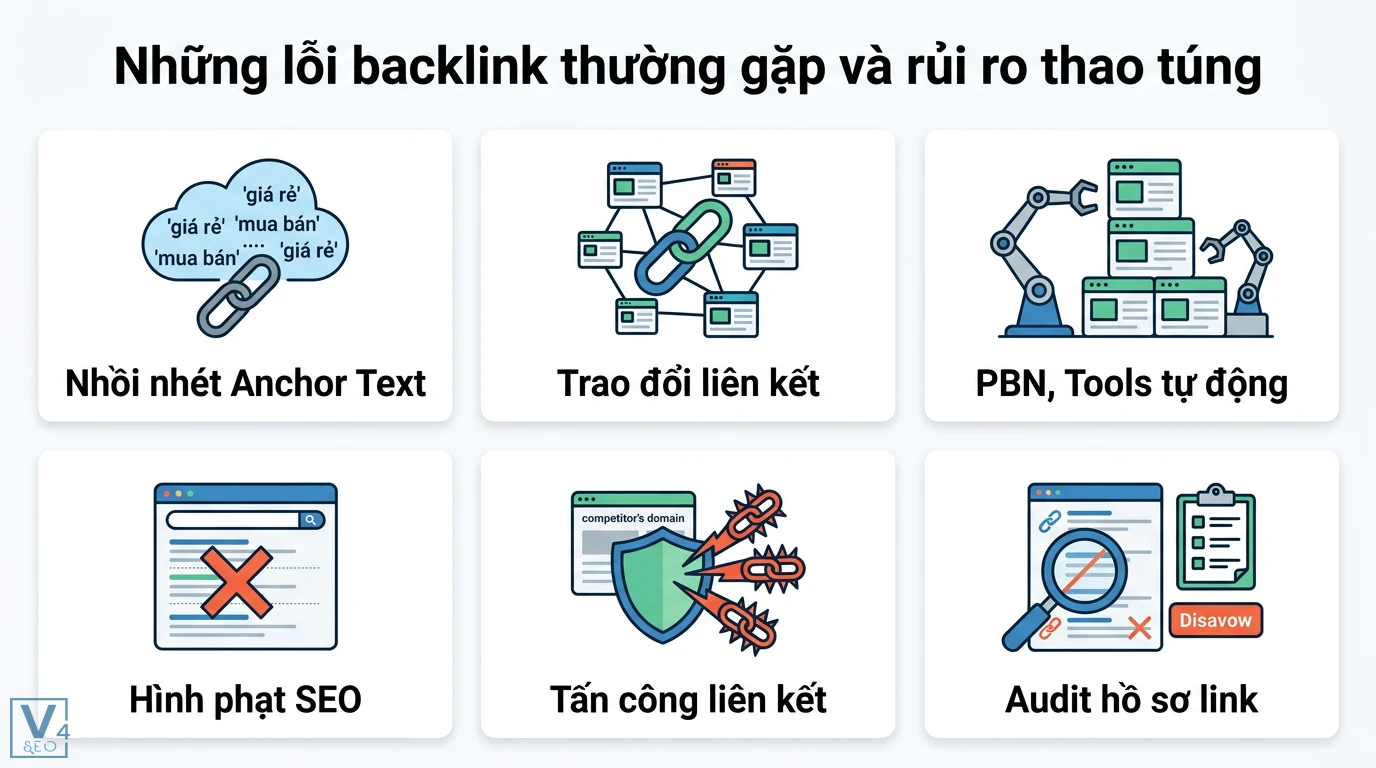 Backlink là gì? Cách xây dựng liên kết tự nhiên chuẩn SEO 2026 3 Lỗi backlink gây rủi ro thao túng gồm nhồi nhét anchor text, dùng PBN, tool tự động, hình phạt SEO và quy trình audit hồ sơ link bảo vệ website