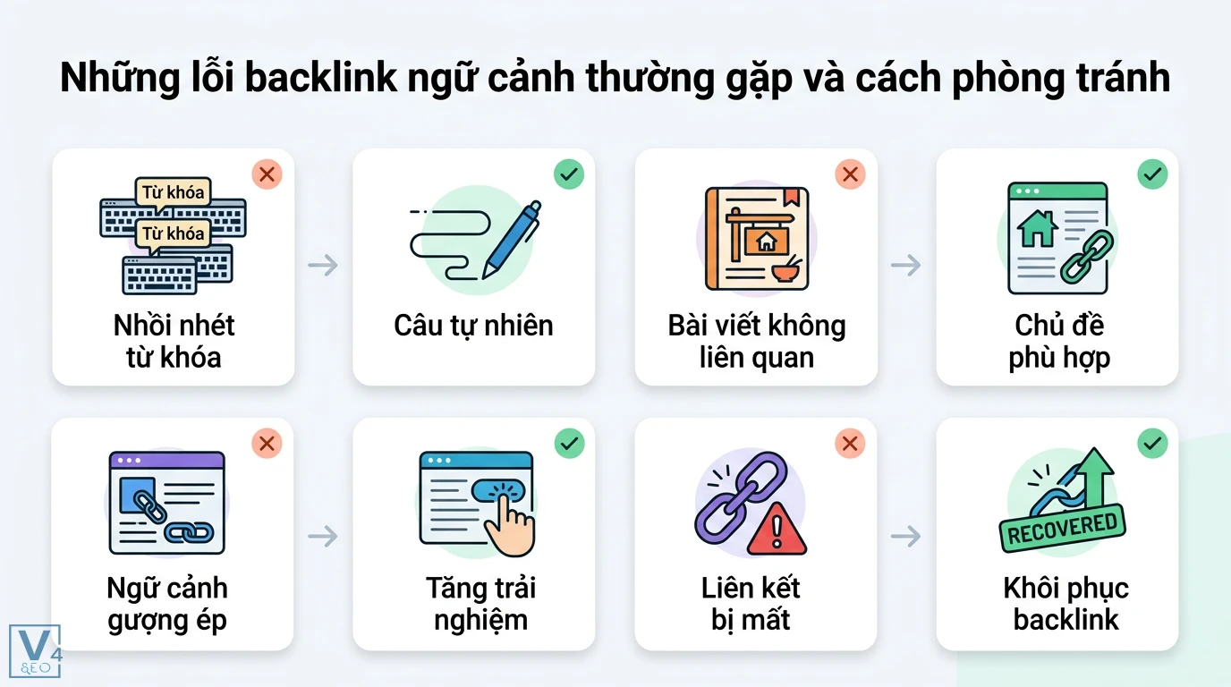 Backlink ngữ cảnh là gì? Cách đặt liên kết tự nhiên chuẩn E-E-A-T 3 Lỗi backlink ngữ cảnh do nhồi nhét từ khóa, bài viết không liên quan và cách viết câu tự nhiên, đúng chủ đề, khôi phục backlink bị mất