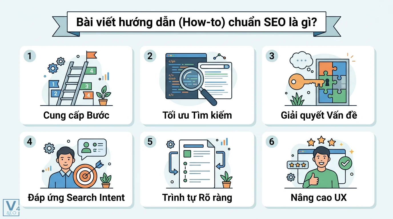 Bài viết How-to chuẩn SEO: Tạo giá trị cho độc giả & E-E-A-T 1 Bài viết hướng dẫn How-to chuẩn SEO gồm các bước, tối ưu tìm kiếm, giải quyết vấn đề, đáp ứng Search Intent, trình tự rõ ràng, nâng cao UX