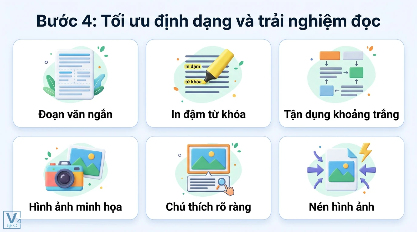 Bài viết How-to chuẩn SEO: Tạo giá trị cho độc giả & E-E-A-T 2 Tối ưu định dạng và trải nghiệm đọc qua đoạn văn ngắn, in đậm từ khóa, khoảng trắng, minh họa, chú thích rõ ràng và nén dung lượng