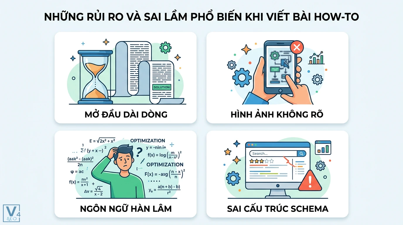 Bài viết How-to chuẩn SEO: Tạo giá trị cho độc giả & E-E-A-T 3 Sai lầm khi viết bài How-to gồm mở đầu dài dòng, chi tiết không rõ, ngôn ngữ quá hàn lâm và lỗi cấu trúc Schema How-to