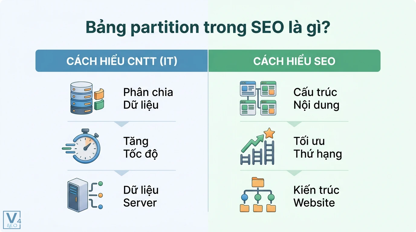 Bảng partition là gì trong SEO? Giải mã nhầm lẫn và cách tối ưu 1 Bảng partition trong SEO phân biệt giữa chia dữ liệu server tăng tốc độ tải trang với tối ưu cấu trúc nội dung giúp cải thiện thứ hạng
