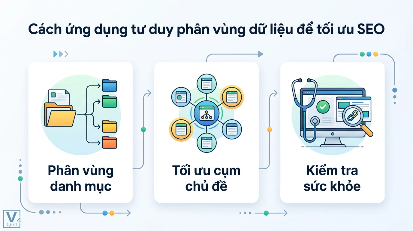 Bảng partition là gì trong SEO? Giải mã nhầm lẫn và cách tối ưu 2 Ứng dụng tư duy phân vùng dữ liệu tối ưu SEO thông qua phân vùng danh mục, tối ưu cụm chủ đề và kiểm tra sức khỏe website định kỳ
