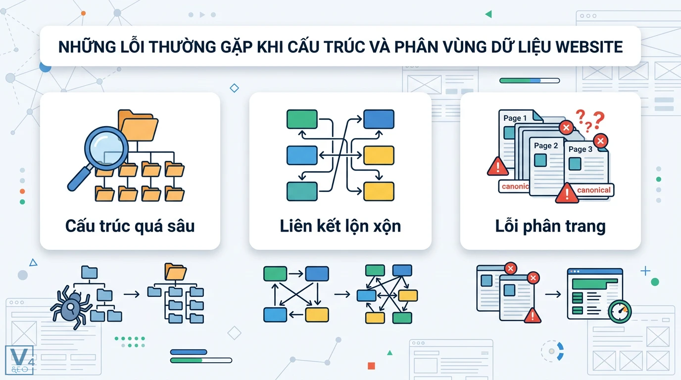 Bảng partition là gì trong SEO? Giải mã nhầm lẫn và cách tối ưu 3 Lỗi cấu trúc website phổ biến gồm phân cấp thư mục quá sâu, liên kết nội bộ lộn xộn và sai sót thẻ canonical khi phân vùng dữ liệu trang