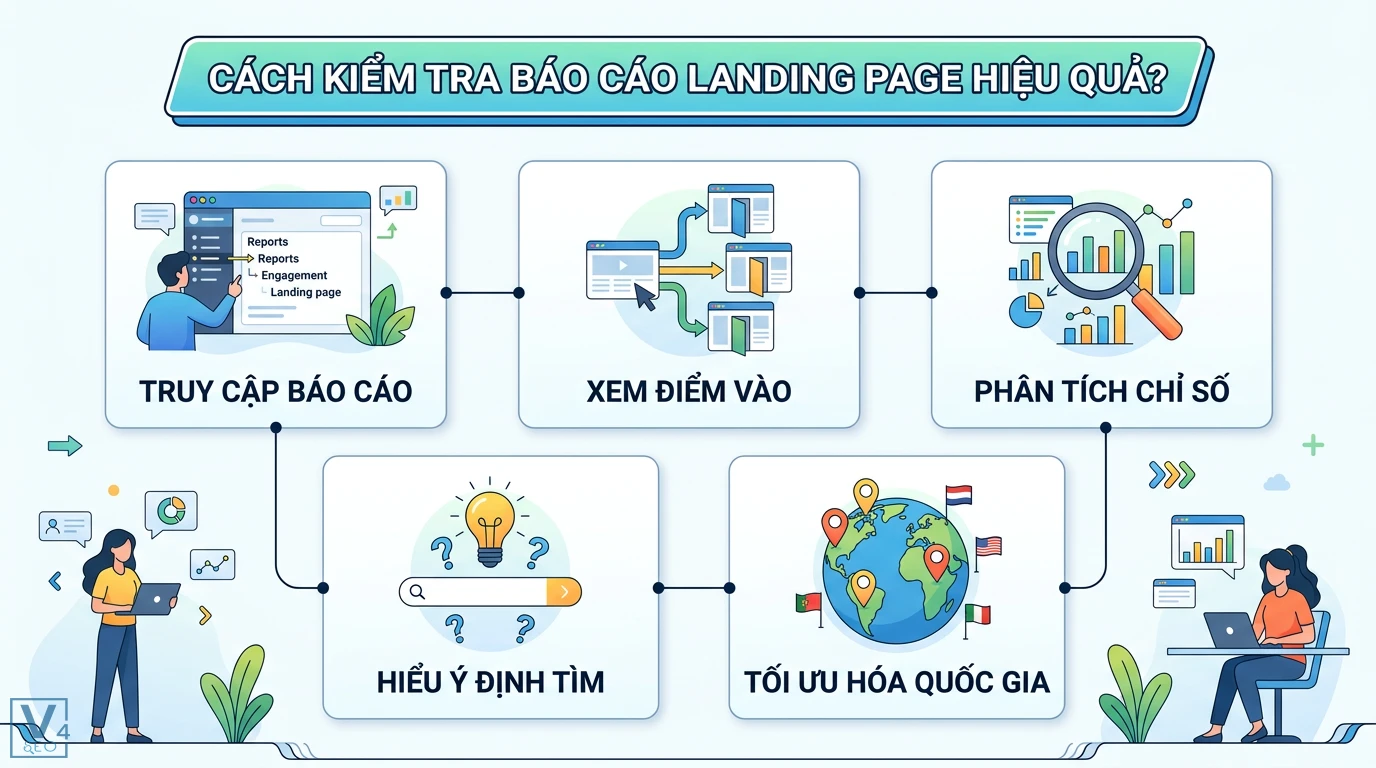 Báo cáo landing page là gì? Cách đo lường chuyển đổi trên GA4 2 Cách kiểm tra báo cáo landing page GA4 hiệu quả qua việc xem điểm vào, phân tích chỉ số, hiểu ý định tìm kiếm và tối ưu hóa quốc gia
