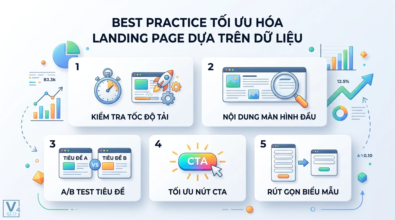 Báo cáo landing page là gì? Cách đo lường chuyển đổi trên GA4 3 Tối ưu hóa landing page dựa trên dữ liệu qua kiểm tra tốc độ tải, nội dung màn hình đầu, A/B test tiêu đề, tối ưu nút CTA và rút gọn biểu mẫu
