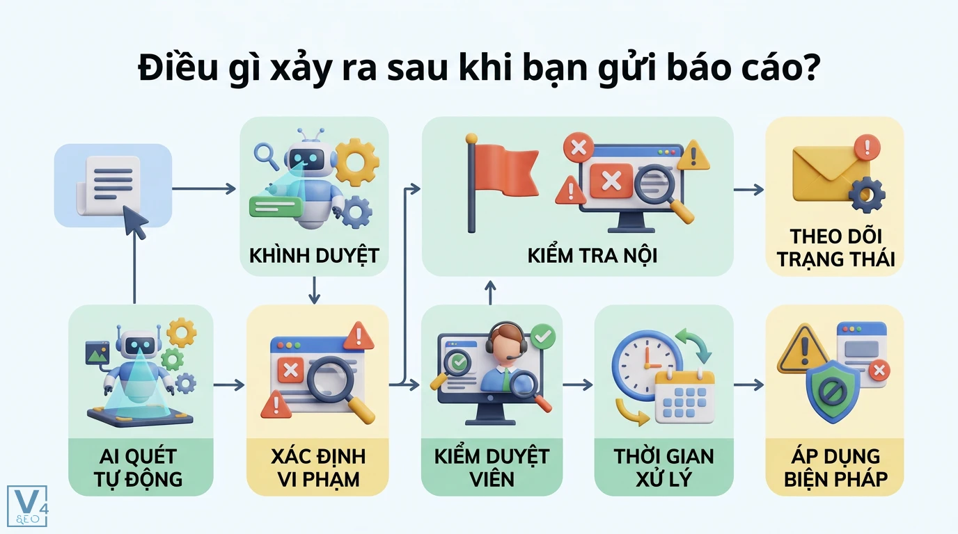 Báo cáo page là gì? Hướng dẫn report Fanpage và quy trình xử lý 2 Quy trình xử lý sau khi gửi báo cáo gồm AI quét tự động, kiểm duyệt viên, xác định vi phạm và áp dụng biện pháp xử lý hoặc theo dõi trạng thái