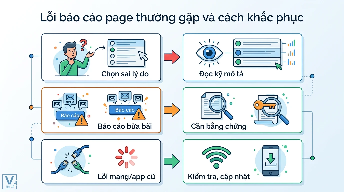 Báo cáo page là gì? Hướng dẫn report Fanpage và quy trình xử lý 3 Lỗi báo cáo page thường gặp và cách khắc phục như chọn đúng lý do vi phạm, cung cấp bằng chứng rõ ràng và cập nhật ứng dụng bản mới nhất