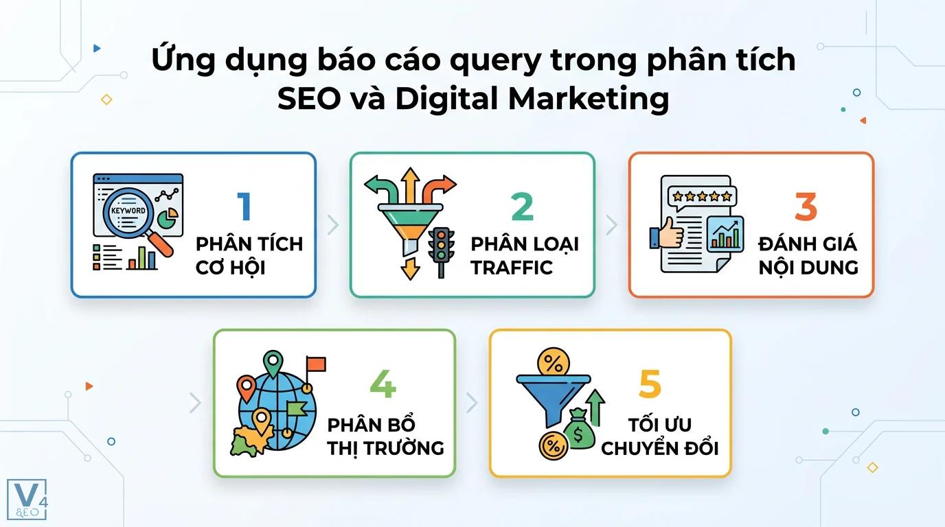 Báo cáo query là gì? Cách dùng SQL và Power Query lập báo cáo 2 Ứng dụng báo cáo query trong SEO giúp phân tích cơ hội, phân loại traffic, đánh giá nội dung, phân bổ thị trường và tối ưu chuyển đổi
