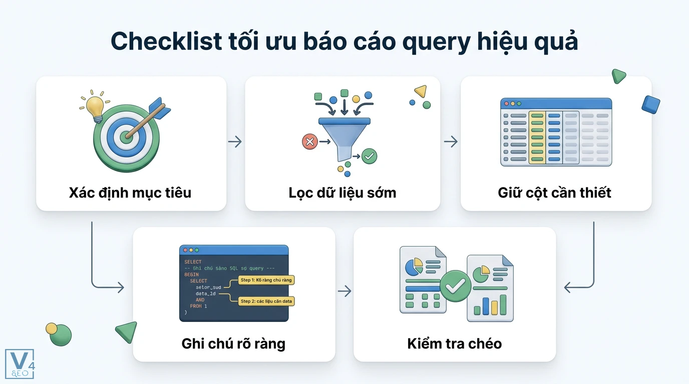 Báo cáo query là gì? Cách dùng SQL và Power Query lập báo cáo 3 Checklist tối ưu báo cáo query gồm xác định mục tiêu, lọc dữ liệu sớm, giữ cột cần thiết, ghi chú rõ ràng và kiểm tra chéo