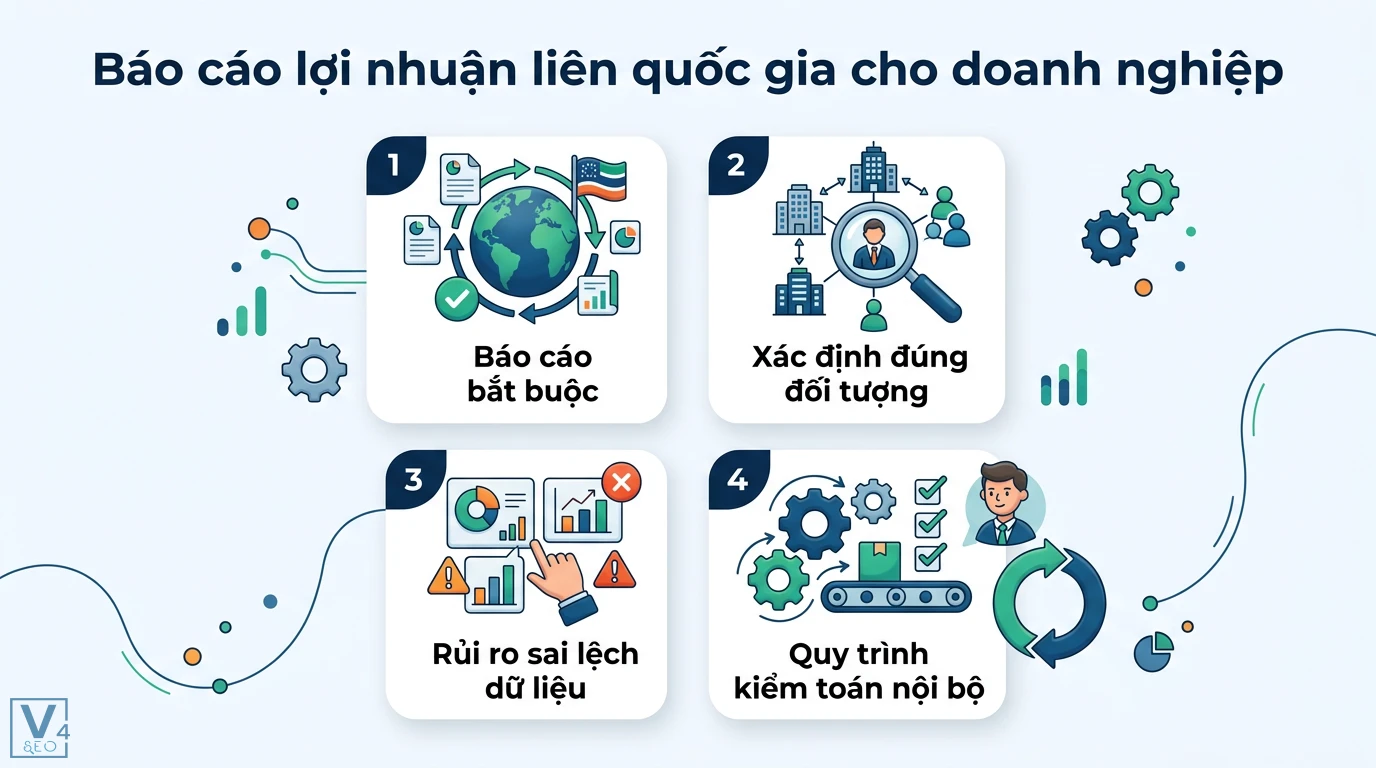 Báo cáo quốc gia là gì? Hệ thống thông tin và báo cáo lợi nhuận 2 Báo cáo lợi nhuận liên quốc gia CbCR bắt buộc, xác định đúng đối tượng, rủi ro sai lệch dữ liệu và quy trình kiểm toán nội bộ doanh nghiệp