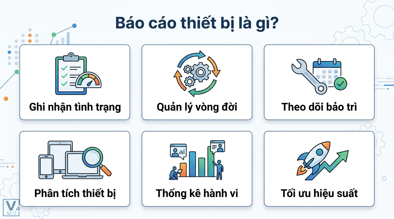 Báo cáo thiết bị là gì? Hướng dẫn lập mẫu quản lý, bảo trì chuẩn 1 Báo cáo thiết bị giúp ghi nhận tình trạng, quản lý vòng đời, theo dõi bảo trì, phân tích thiết bị và thống kê hành vi để tối ưu hiệu suất