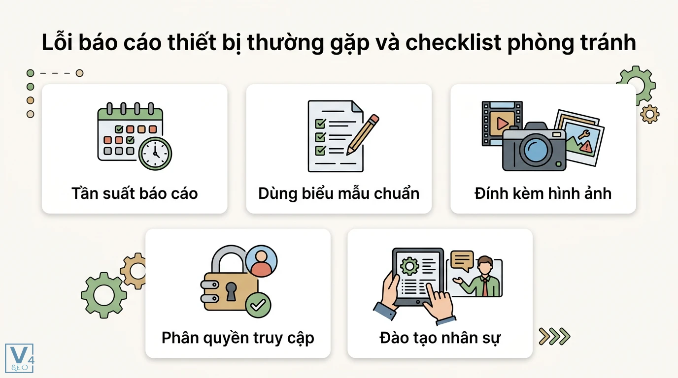 Báo cáo thiết bị là gì? Hướng dẫn lập mẫu quản lý, bảo trì chuẩn 3 Checklist phòng tránh lỗi báo cáo thiết bị gồm tần suất báo cáo, dùng biểu mẫu chuẩn, đính kèm bằng chứng, phân quyền và đào tạo nhân sự