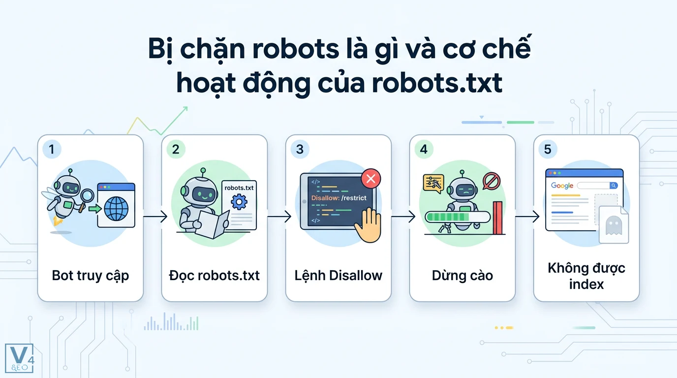 Bị chặn robots là gì? Cách sửa lỗi robots.txt và chặn bot AI 1 Cơ chế hoạt động của robots.txt gồm các bước bot truy cập, đọc file, gặp lệnh Disallow dẫn đến dừng cào và trang web không được index