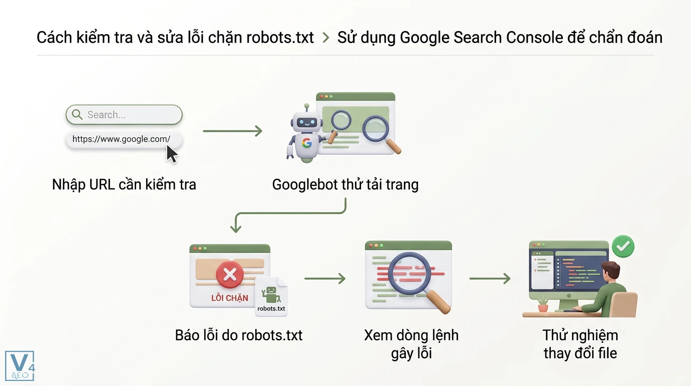 Bị chặn robots là gì? Cách sửa lỗi robots.txt và chặn bot AI 2 Sử dụng Google Search Console chẩn đoán lỗi chặn robots.txt qua việc kiểm tra URL, xác định dòng lệnh gây lỗi và thử nghiệm thay đổi file