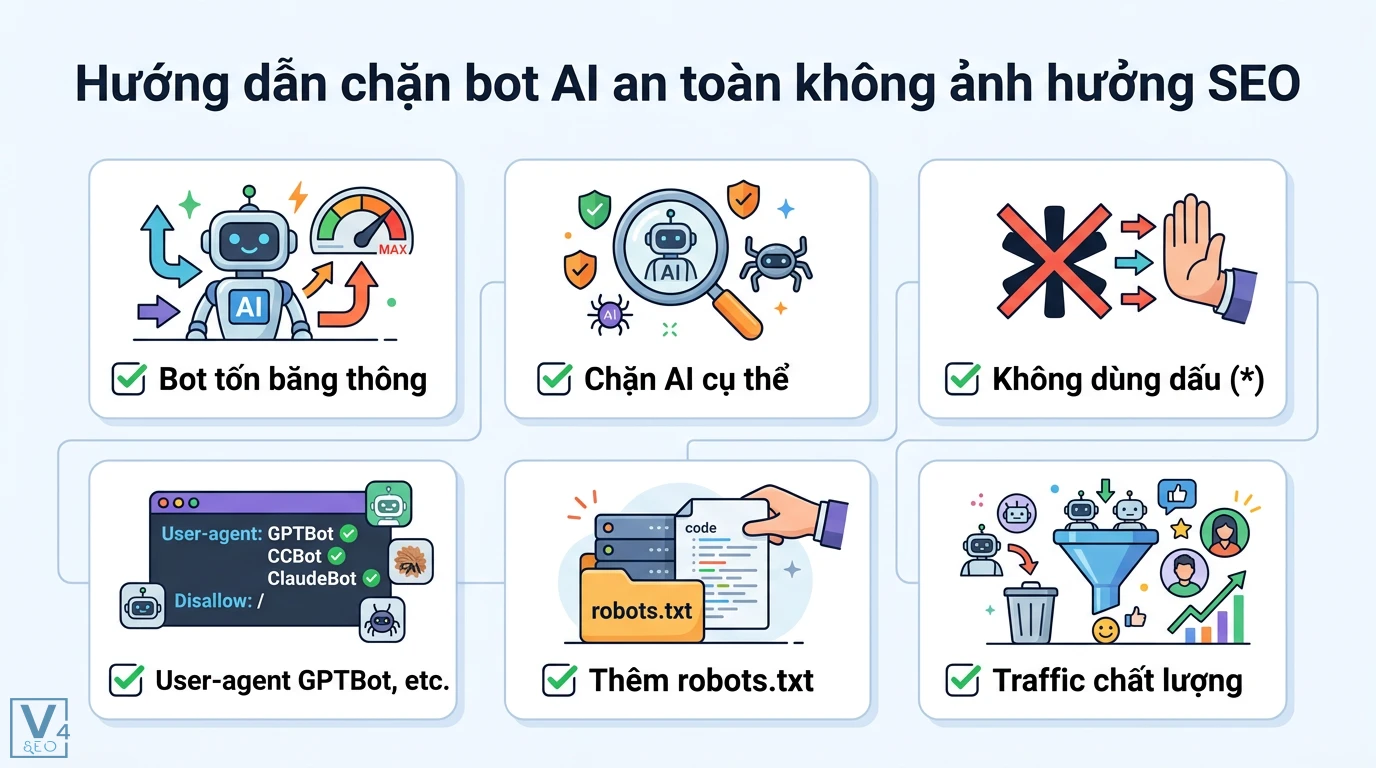 Bị chặn robots là gì? Cách sửa lỗi robots.txt và chặn bot AI 3 Chặn bot AI cụ thể bằng User-agent trong robots.txt thay vì dùng dấu sao để bảo vệ băng thông và giữ traffic chất lượng an toàn cho SEO