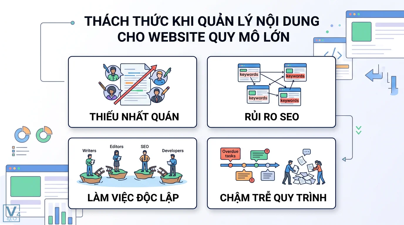 Bí quyết quản lý nội dung hiệu quả cho trang web lớn: Xây dựng hệ thống 1 Thách thức quản lý nội dung website quy mô lớn gồm thiếu nhất quán, rủi ro SEO kỹ thuật, làm việc độc lập và chậm trễ quy trình vận hành