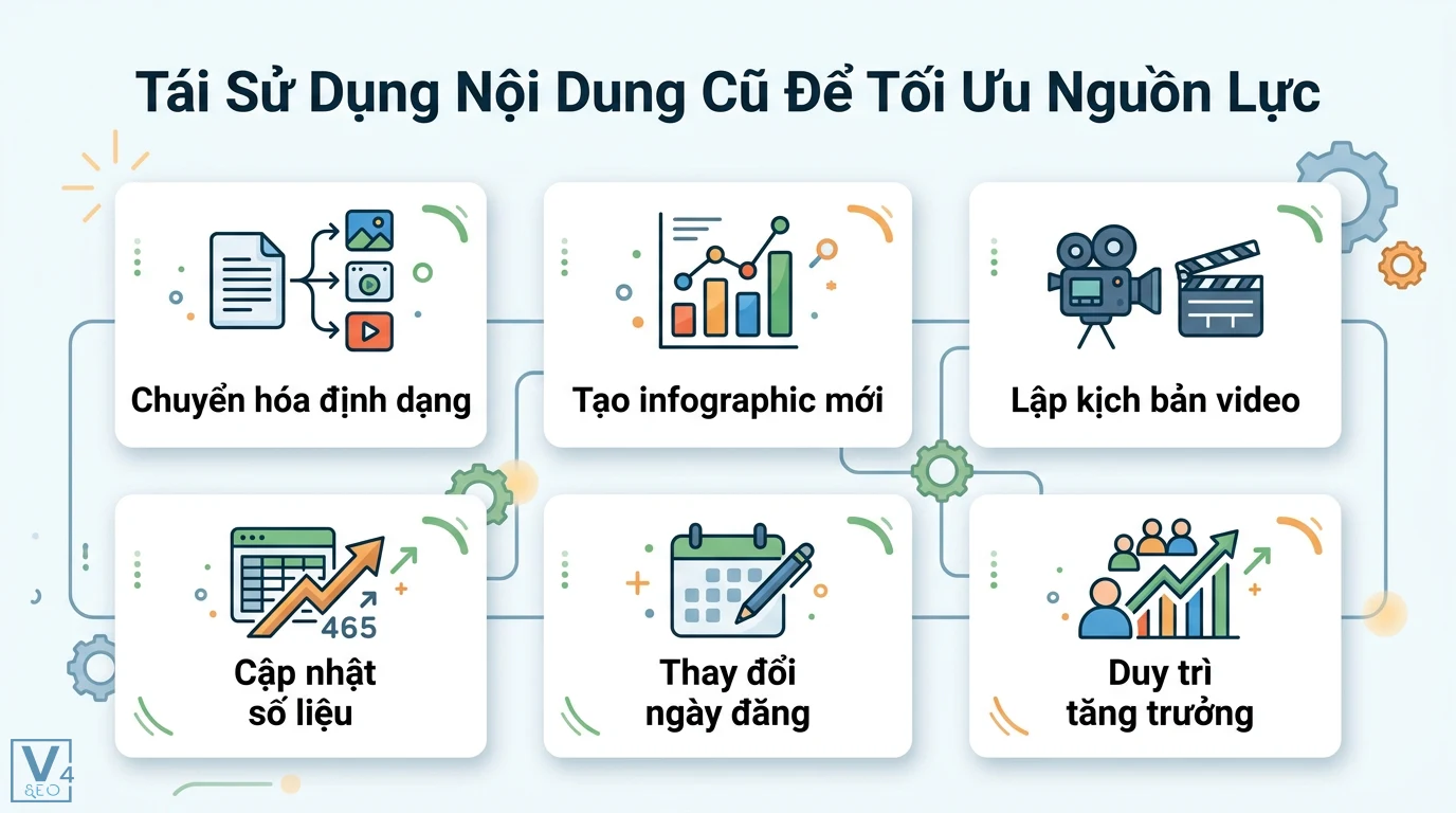 Bí quyết quản lý nội dung hiệu quả cho trang web lớn: Xây dựng hệ thống 2 Tái sử dụng nội dung cũ bằng cách chuyển hóa định dạng, infographic, kịch bản video, cập nhật số liệu và ngày đăng để tối ưu nguồn lực website