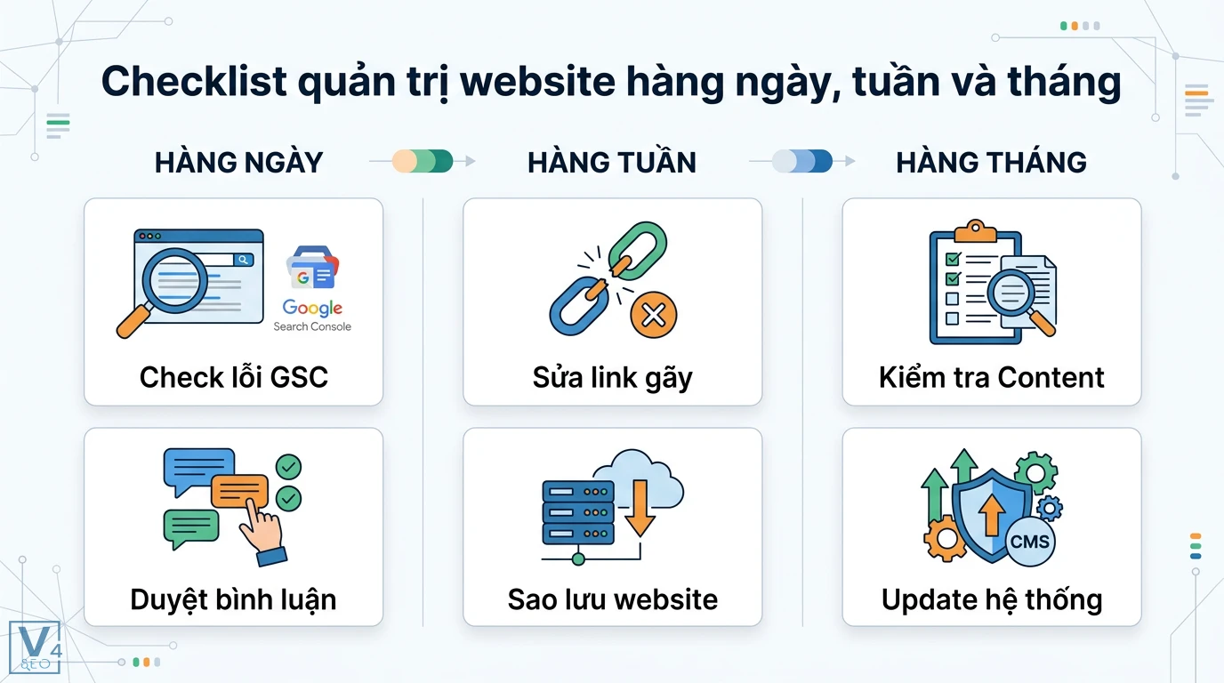 Bí quyết quản lý nội dung hiệu quả cho trang web lớn: Xây dựng hệ thống 3 Checklist quản trị website hàng ngày, tuần, tháng: check lỗi GSC, duyệt bình luận, sửa link gãy, sao lưu, audit content và update CMS