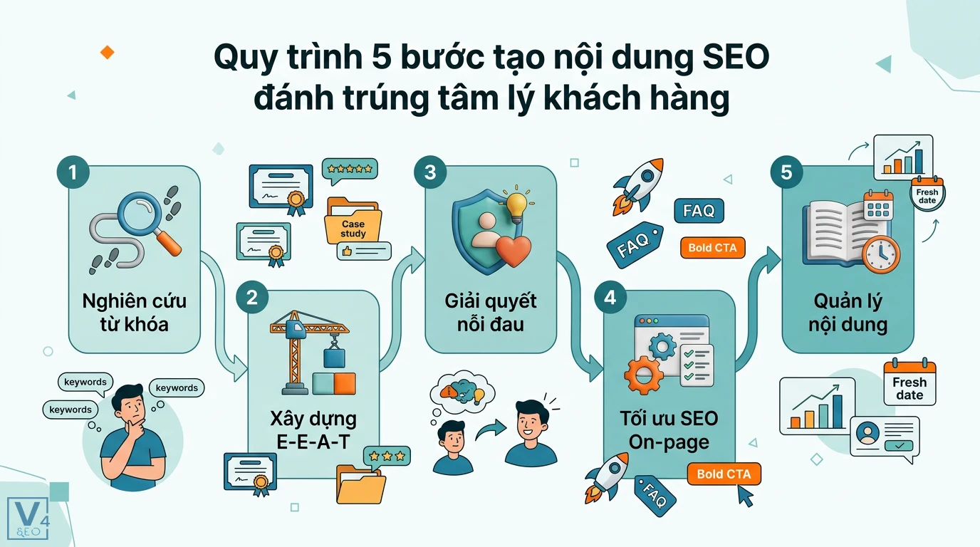 Bí quyết tạo nội dung SEO cho website dịch vụ: Tăng CRO, E-E-A-T 1 Quy trình 5 bước tạo nội dung SEO gồm nghiên cứu từ khóa, xây dựng E-E-A-T, giải quyết nỗi đau, tối ưu SEO on-page và quản lý nội dung định kỳ
