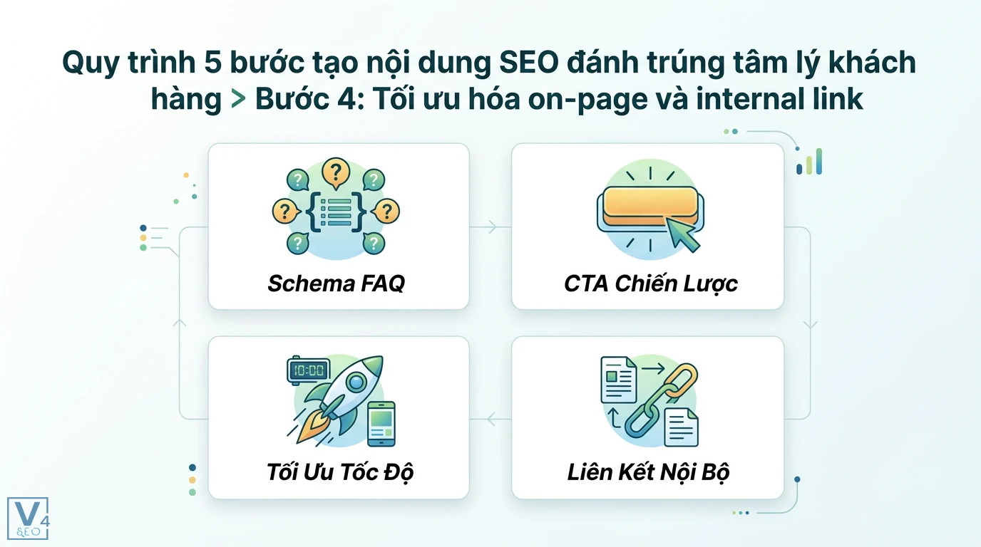 Bí quyết tạo nội dung SEO cho website dịch vụ: Tăng CRO, E-E-A-T 2 Tối ưu hóa on-page và internal link gồm triển khai Schema FAQ, nút CTA chiến lược, cải thiện tốc độ tải trang và xây dựng liên kết nội bộ