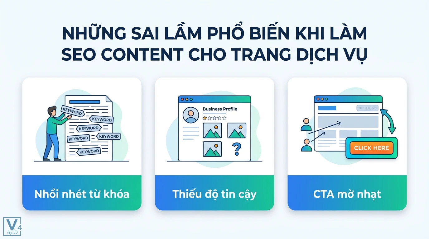 Bí quyết tạo nội dung SEO cho website dịch vụ: Tăng CRO, E-E-A-T 3 Sai lầm phổ biến khi làm SEO content trang dịch vụ gồm nhồi nhét từ khóa, thiếu độ tin cậy và nút kêu gọi hành động CTA mờ nhạt