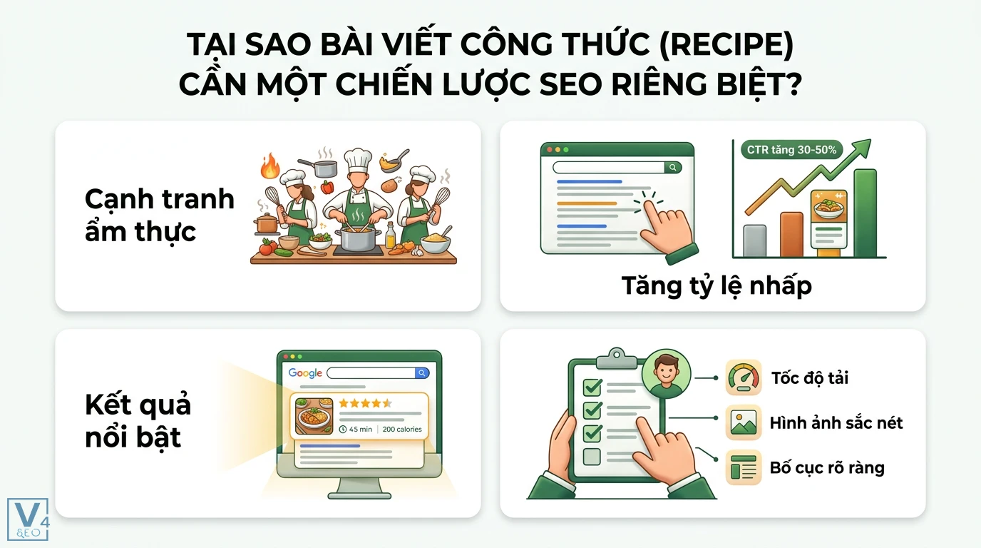 Bí quyết viết bài Recipes SEO: Chuẩn Schema & Nội dung Kích vị giác 1 Chiến lược SEO Recipe giúp tăng tỷ lệ nhấp 30-50% thông qua kết quả hiển thị Rich Snippets với đánh giá sao, thời gian nấu và tốc độ tải trang