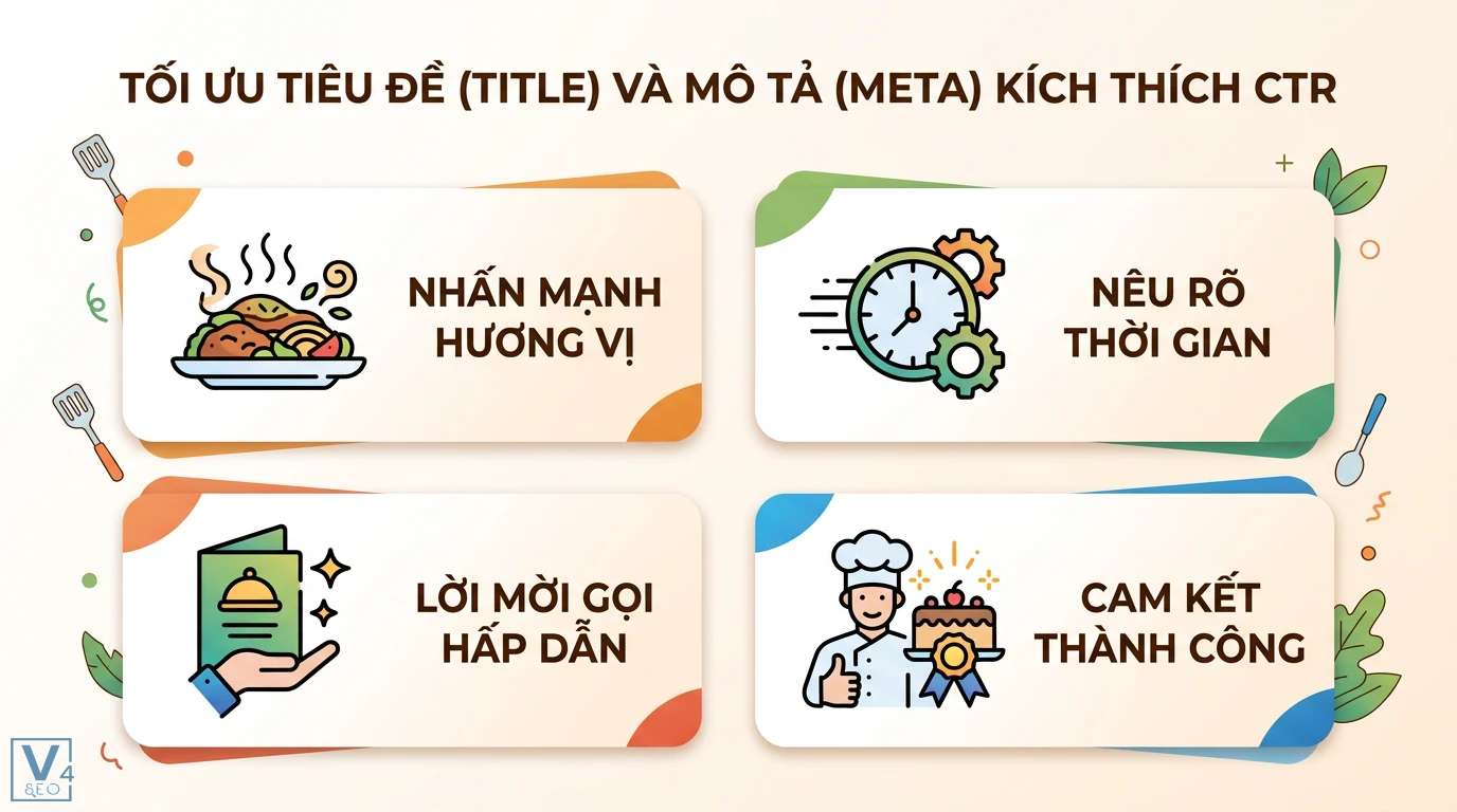 Bí quyết viết bài Recipes SEO: Chuẩn Schema & Nội dung Kích vị giác 2 Tối ưu tiêu đề và mô tả Meta kích thích CTR bài viết công thức qua việc nhấn mạnh hương vị, thời gian, lời mời gọi và cam kết thành công