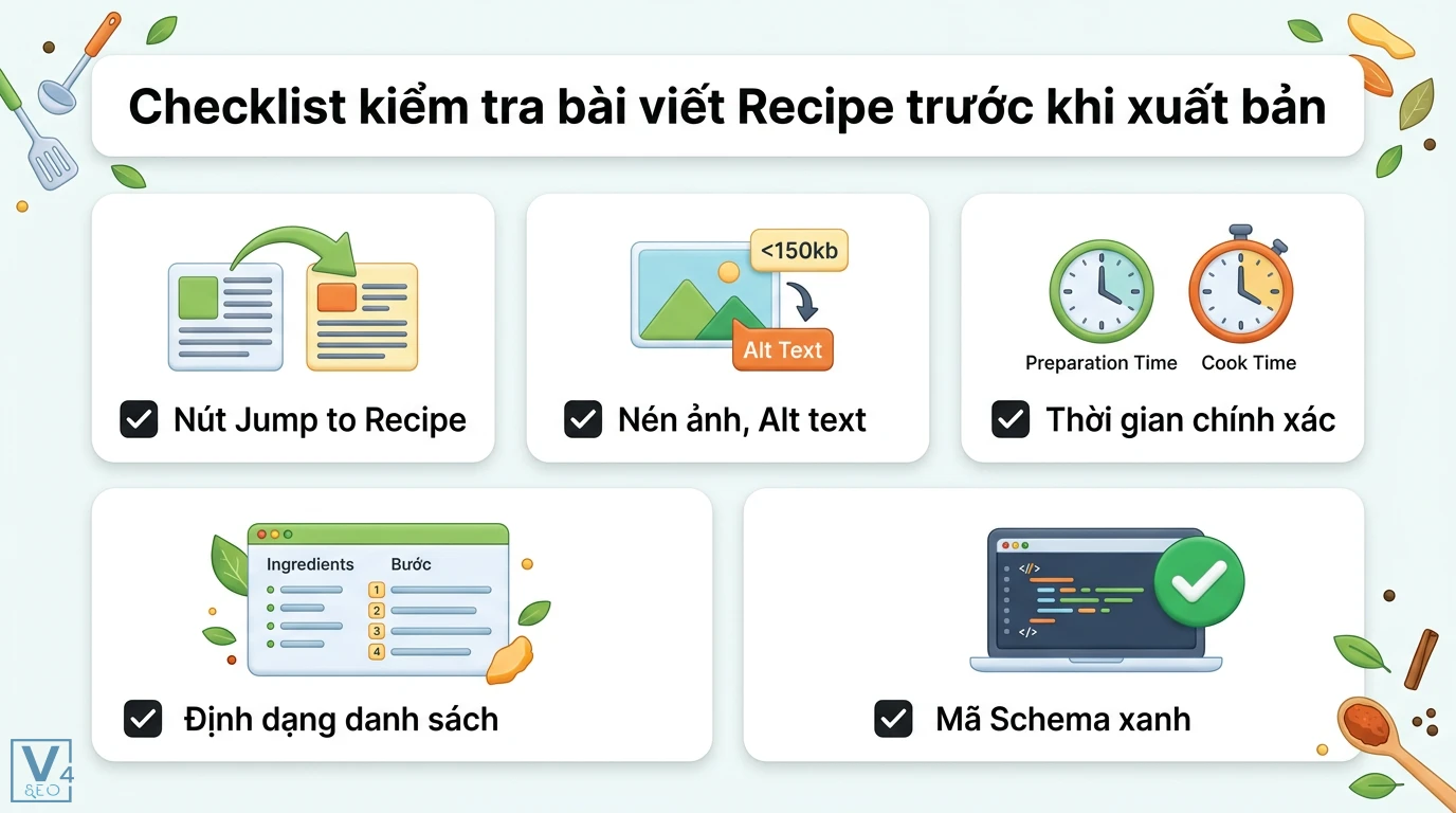 Bí quyết viết bài Recipes SEO: Chuẩn Schema & Nội dung Kích vị giác 3 Checklist bài viết Recipe gồm nút Jump to Recipe, nén ảnh, Alt text, thời gian nấu, định dạng danh sách và mã Schema báo xanh