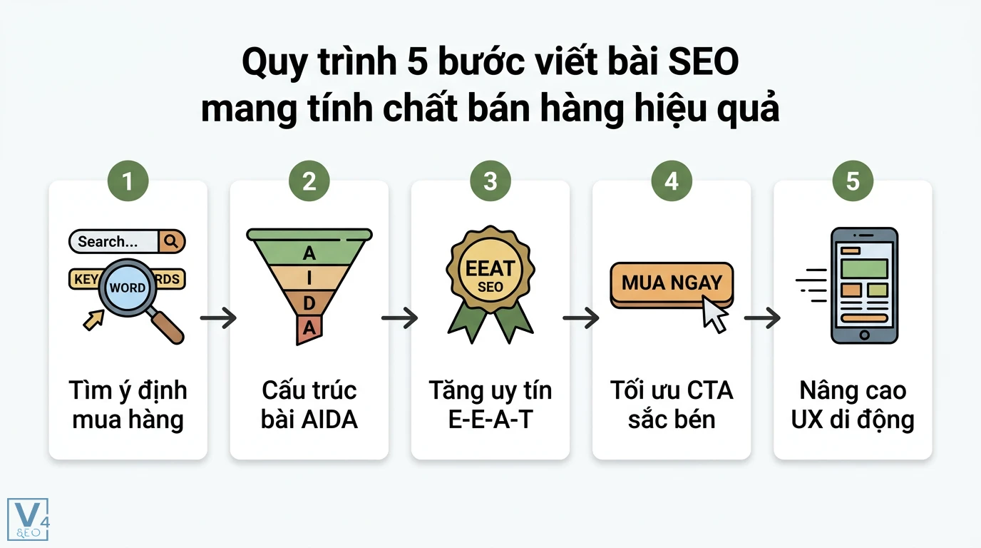 Bí quyết viết bài SEO mang tính chất bán hàng hiệu quả từ AIDA 1 Quy trình 5 bước viết bài SEO bán hàng gồm tìm ý định mua hàng, cấu trúc AIDA, tăng uy tín E-E-A-T, tối ưu CTA sắc bén và nâng cao UX di động