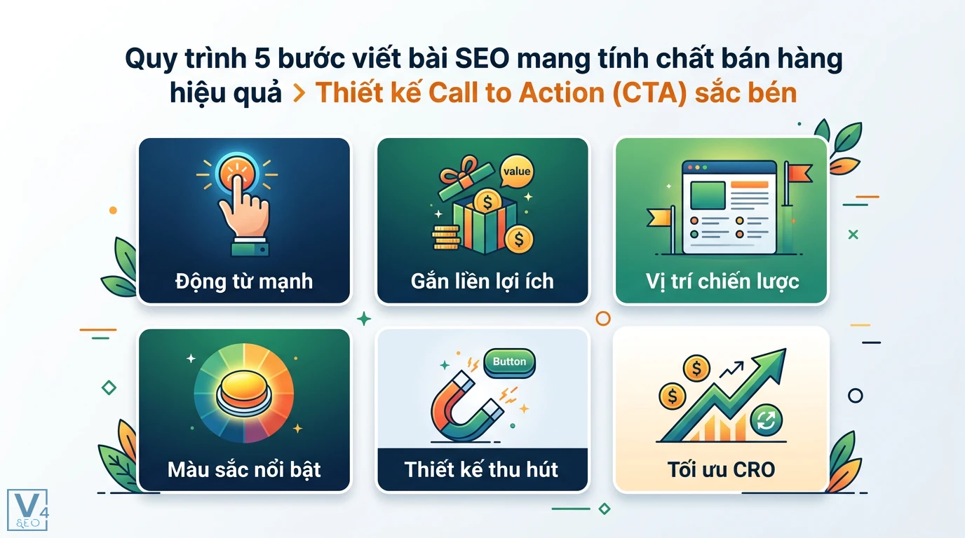 Bí quyết viết bài SEO mang tính chất bán hàng hiệu quả từ AIDA 2 Thiết kế CTA sắc bén gồm động từ mạnh, gắn liền lợi ích, vị trí chiến lược, màu sắc nổi bật và thiết kế thu hút để tối ưu hóa CRO hiệu quả