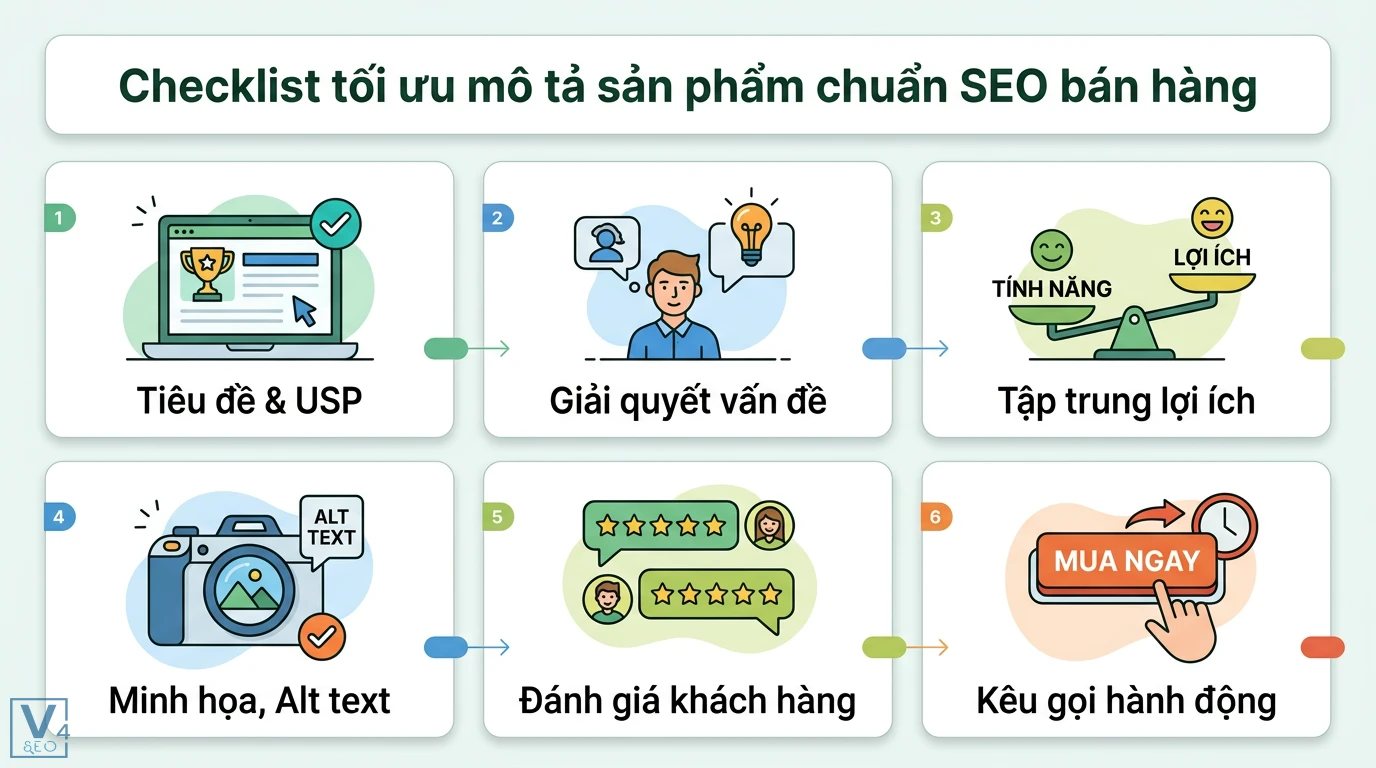 Bí quyết viết bài SEO mang tính chất bán hàng hiệu quả từ AIDA 3 Checklist tối ưu mô tả sản phẩm chuẩn SEO gồm tiêu đề USP, giải quyết vấn đề, tập trung lợi ích, alt text, đánh giá và kêu gọi mua ngay