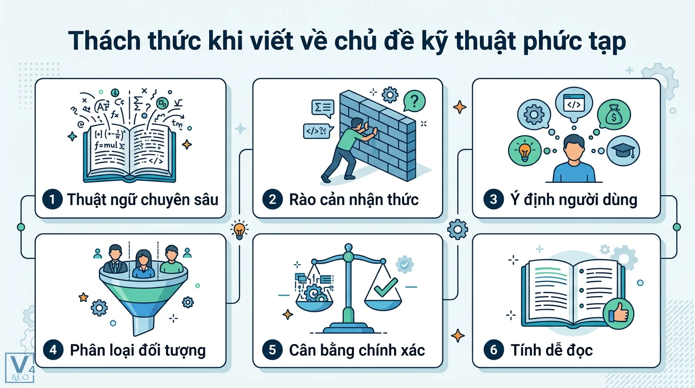 Bí quyết viết bài SEO về các chủ đề kỹ thuật phức tạp và dễ hiểu 1 Thách thức khi viết về chủ đề kỹ thuật phức tạp gồm thuật ngữ chuyên sâu, rào cản nhận thức, ý định người dùng và tối ưu tính dễ đọc